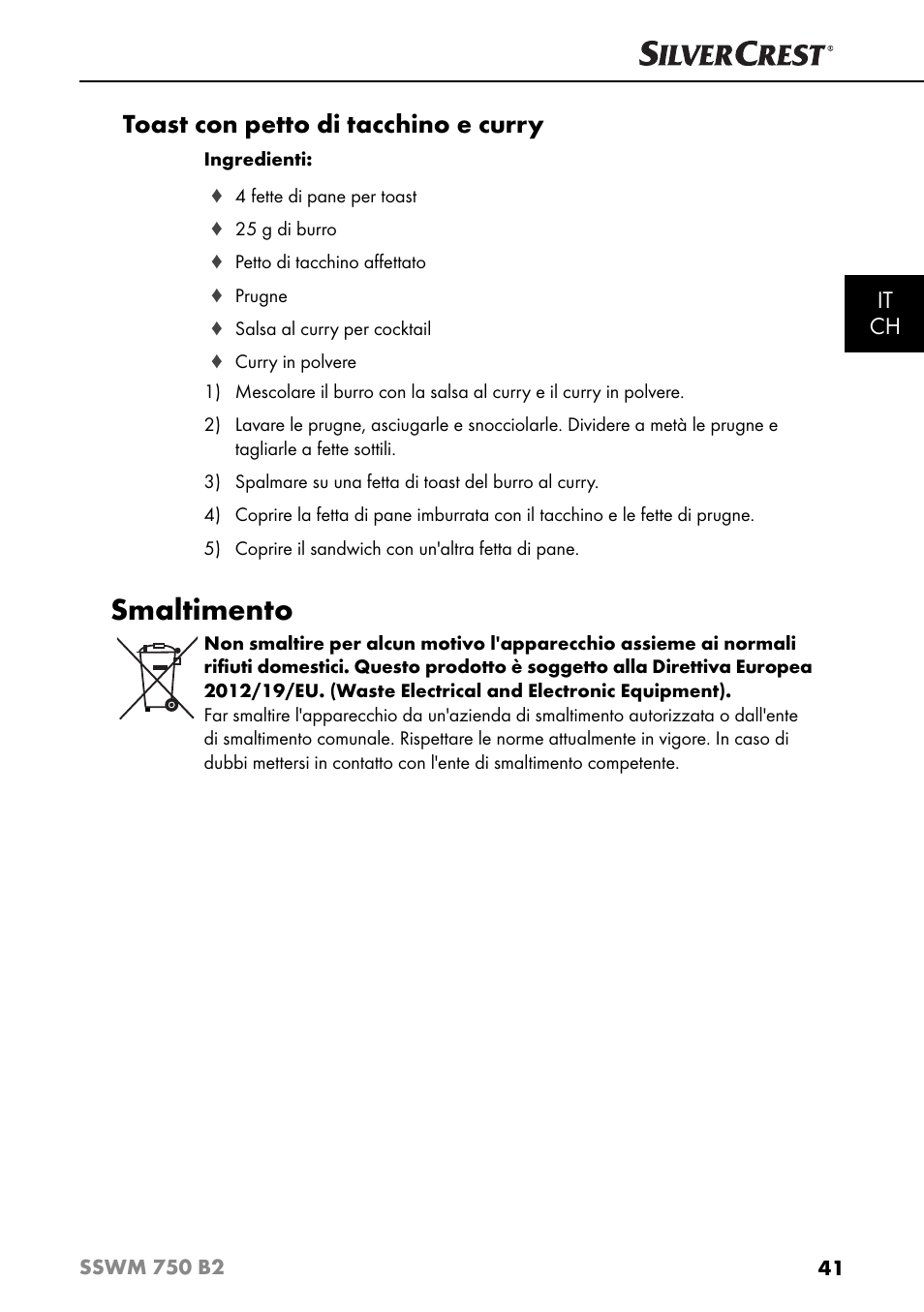 Smaltimento, Toast con petto di tacchino e curry, It ch | Silvercrest SSWM 750 B2 User Manual | Page 44 / 60