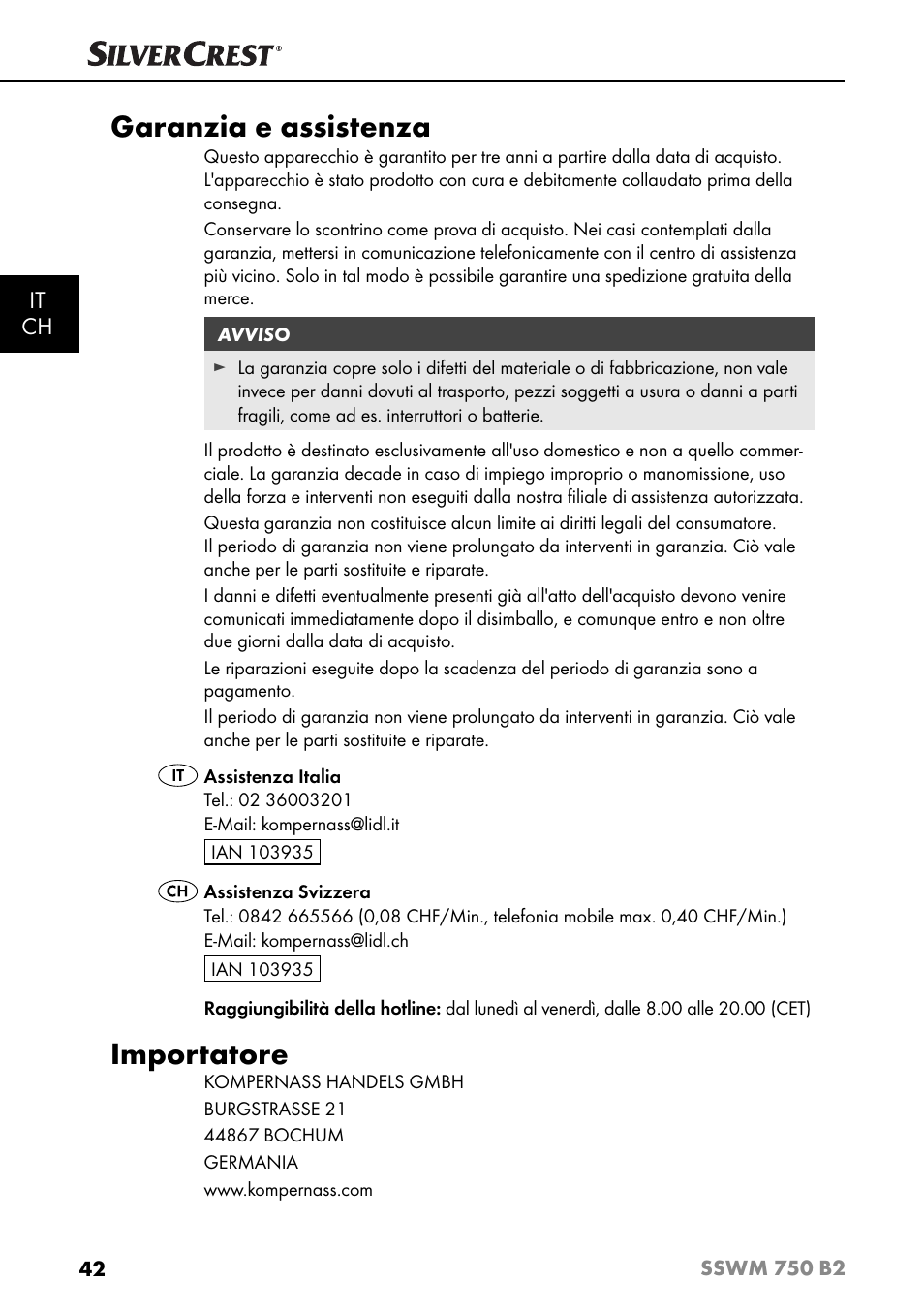 Garanzia e assistenza, Importatore, It ch | Silvercrest SSWM 750 B2 User Manual | Page 45 / 60