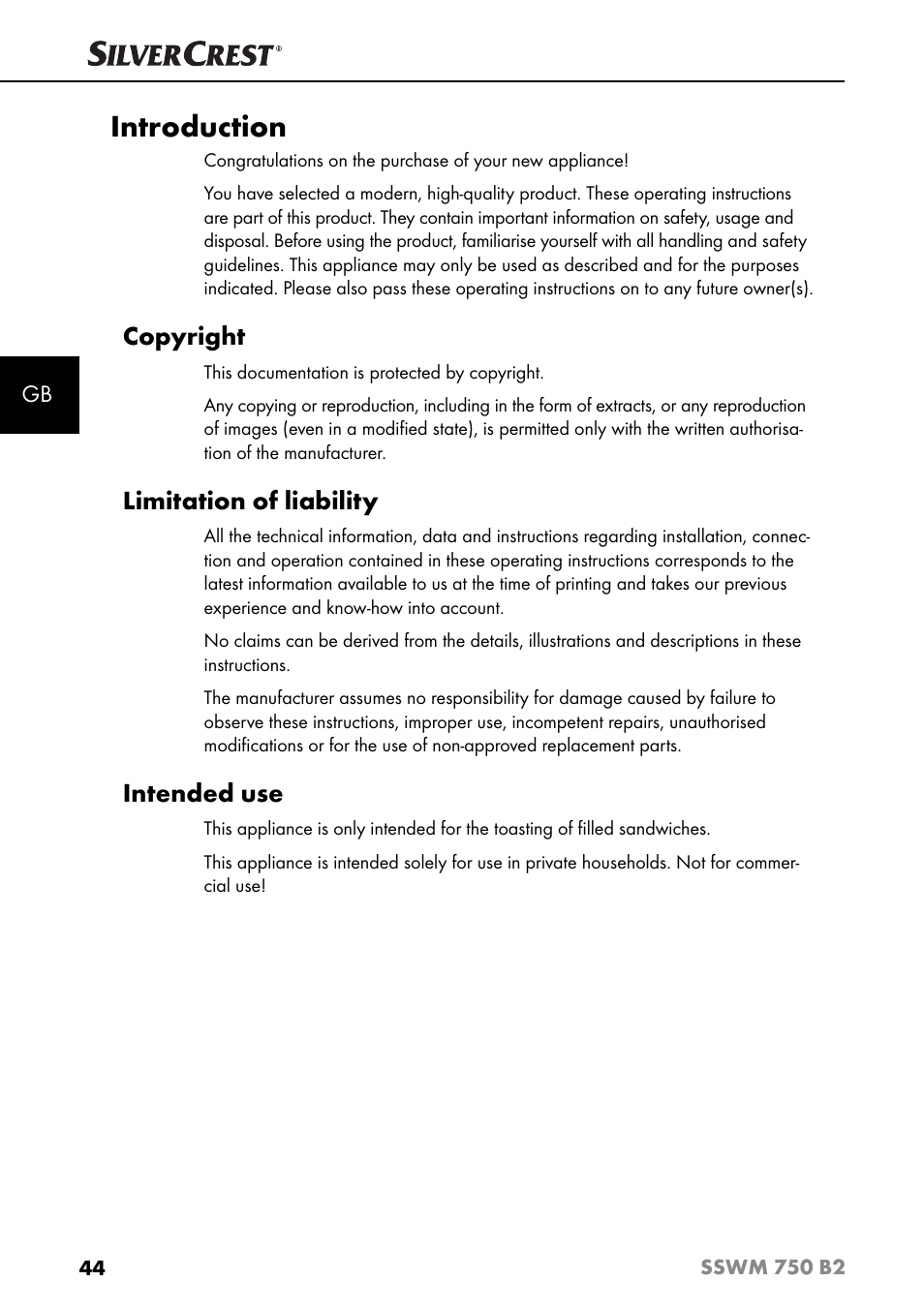 Introduction, Copyright, Limitation of liability | Intended use | Silvercrest SSWM 750 B2 User Manual | Page 47 / 60