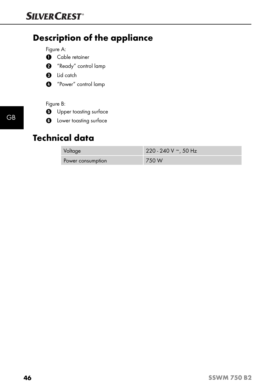 Description of the appliance, Technical data | Silvercrest SSWM 750 B2 User Manual | Page 49 / 60