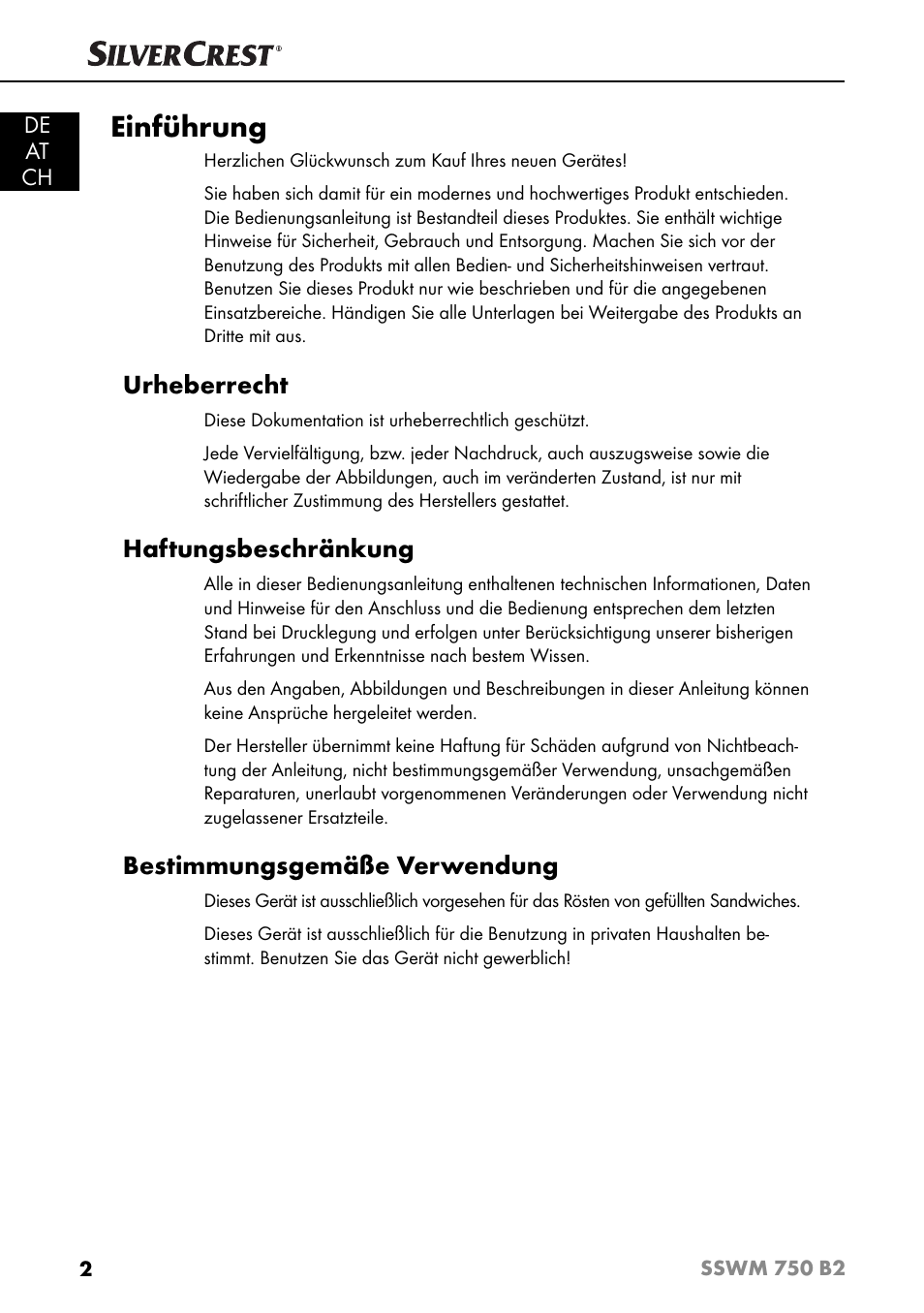 Einführung, Urheberrecht, Haftungsbeschränkung | Bestimmungsgemäße verwendung | Silvercrest SSWM 750 B2 User Manual | Page 5 / 60