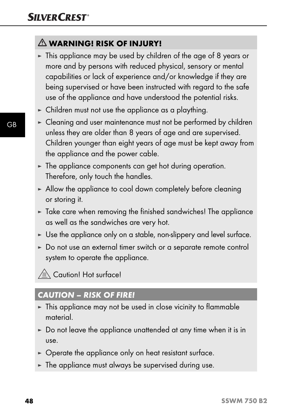 Warning! risk of injury, Children must not use the appliance as a plaything, The appliance must always be supervised during use | Silvercrest SSWM 750 B2 User Manual | Page 51 / 60