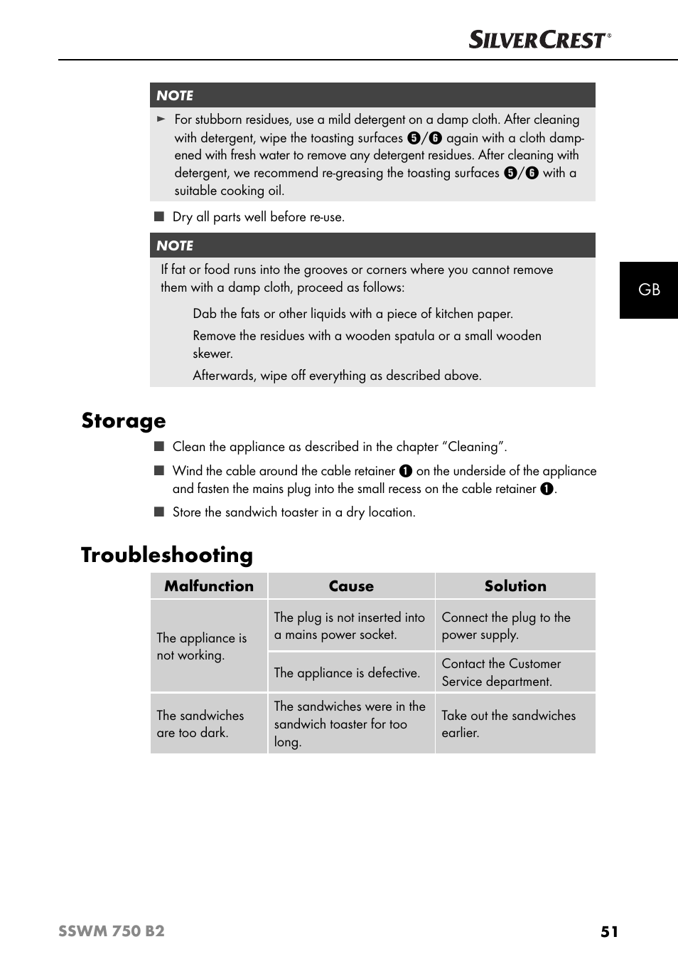 Storage, Troubleshooting | Silvercrest SSWM 750 B2 User Manual | Page 54 / 60