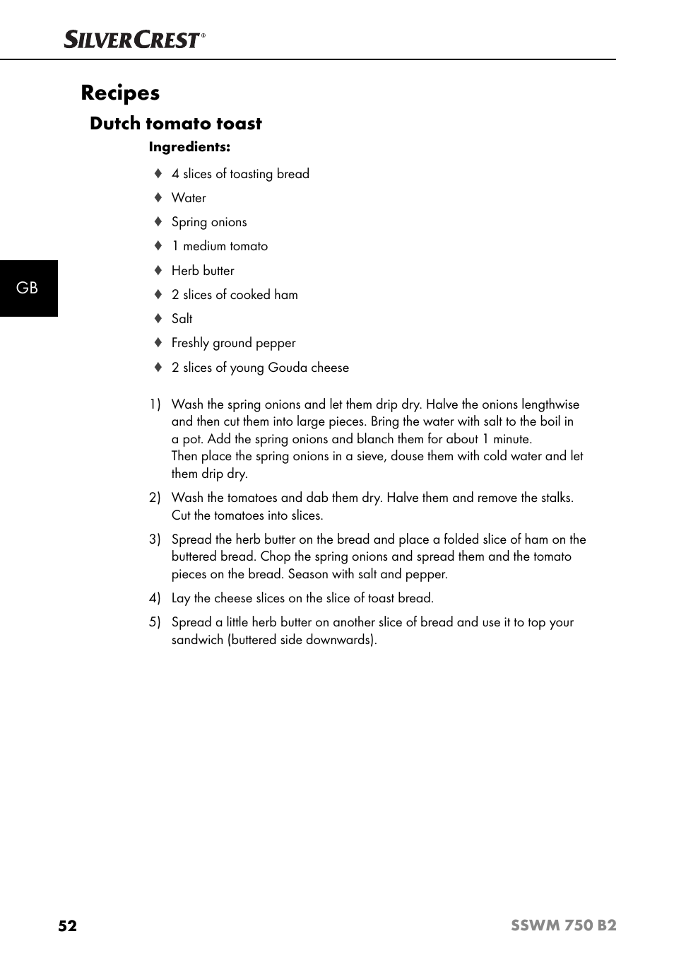 Recipes, Dutch tomato toast | Silvercrest SSWM 750 B2 User Manual | Page 55 / 60