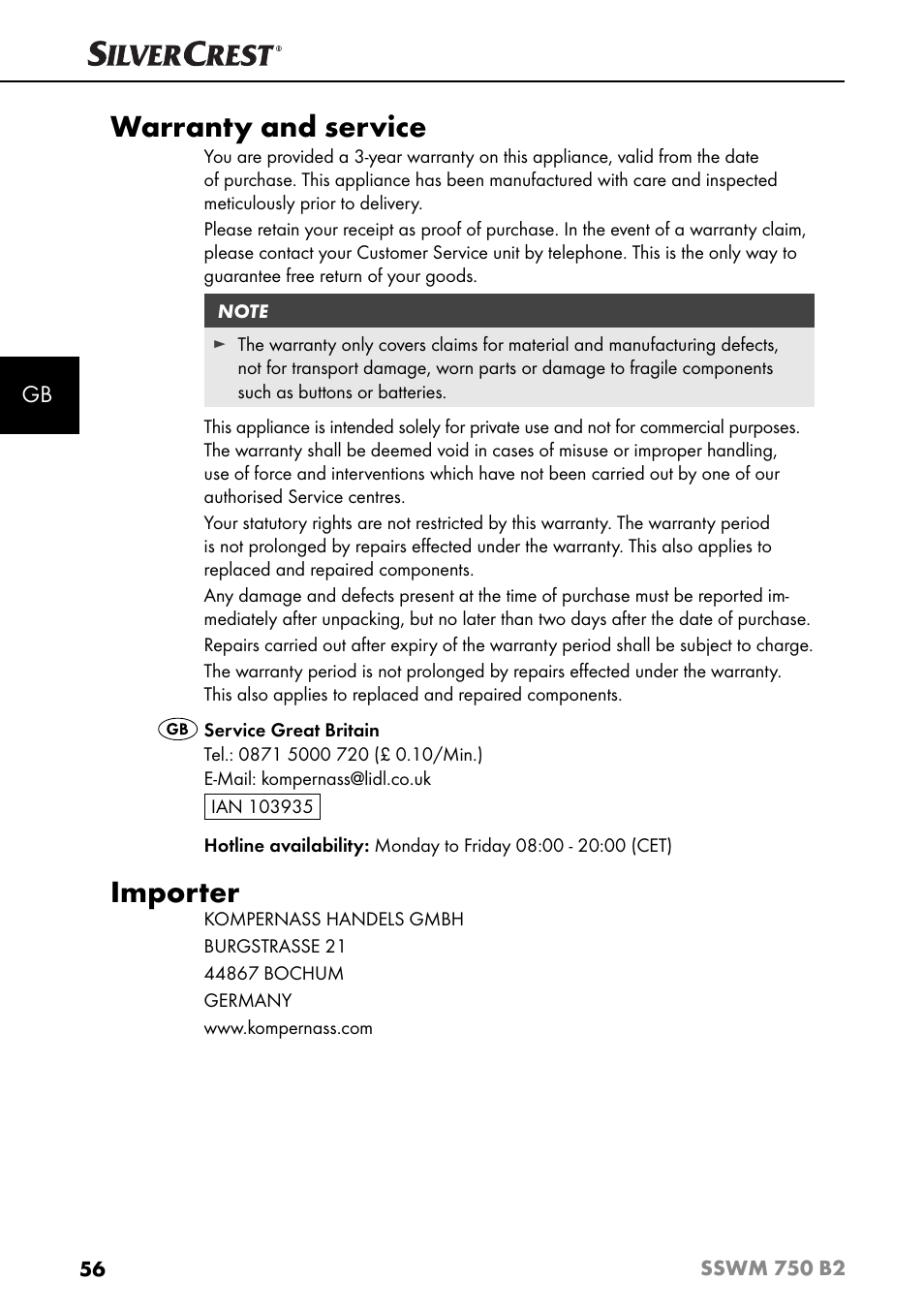 Warranty and service, Importer | Silvercrest SSWM 750 B2 User Manual | Page 59 / 60