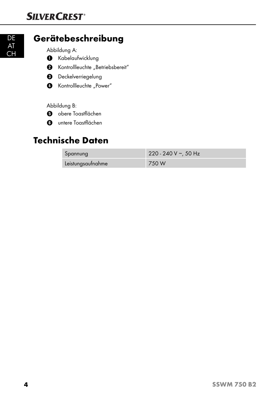 Gerätebeschreibung, Technische daten, De at ch | Silvercrest SSWM 750 B2 User Manual | Page 7 / 60