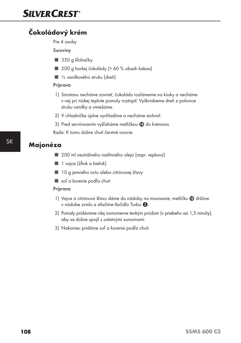 Čokoládový krém, Majonéza | Silvercrest SSMS 600 C3 User Manual | Page 111 / 130