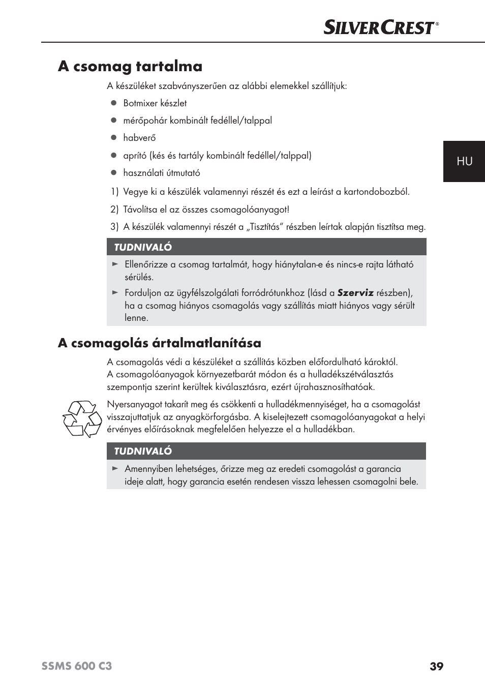 A csomag tartalma, A csomagolás ártalmatlanítása | Silvercrest SSMS 600 C3 User Manual | Page 42 / 130