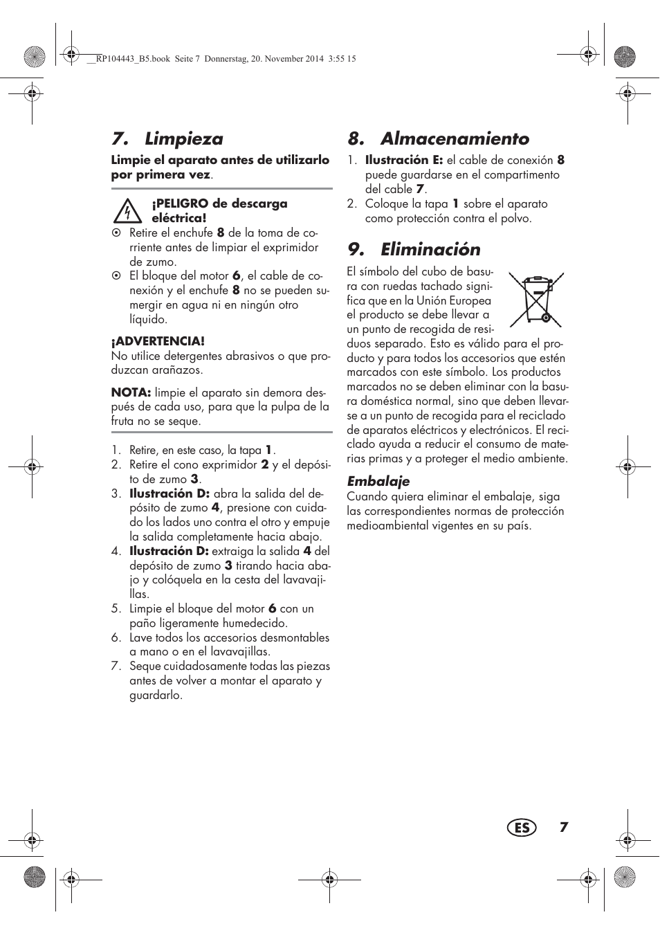 Limpieza, Almacenamiento, Eliminación | Silvercrest SZP 40 A1 User Manual | Page 9 / 44