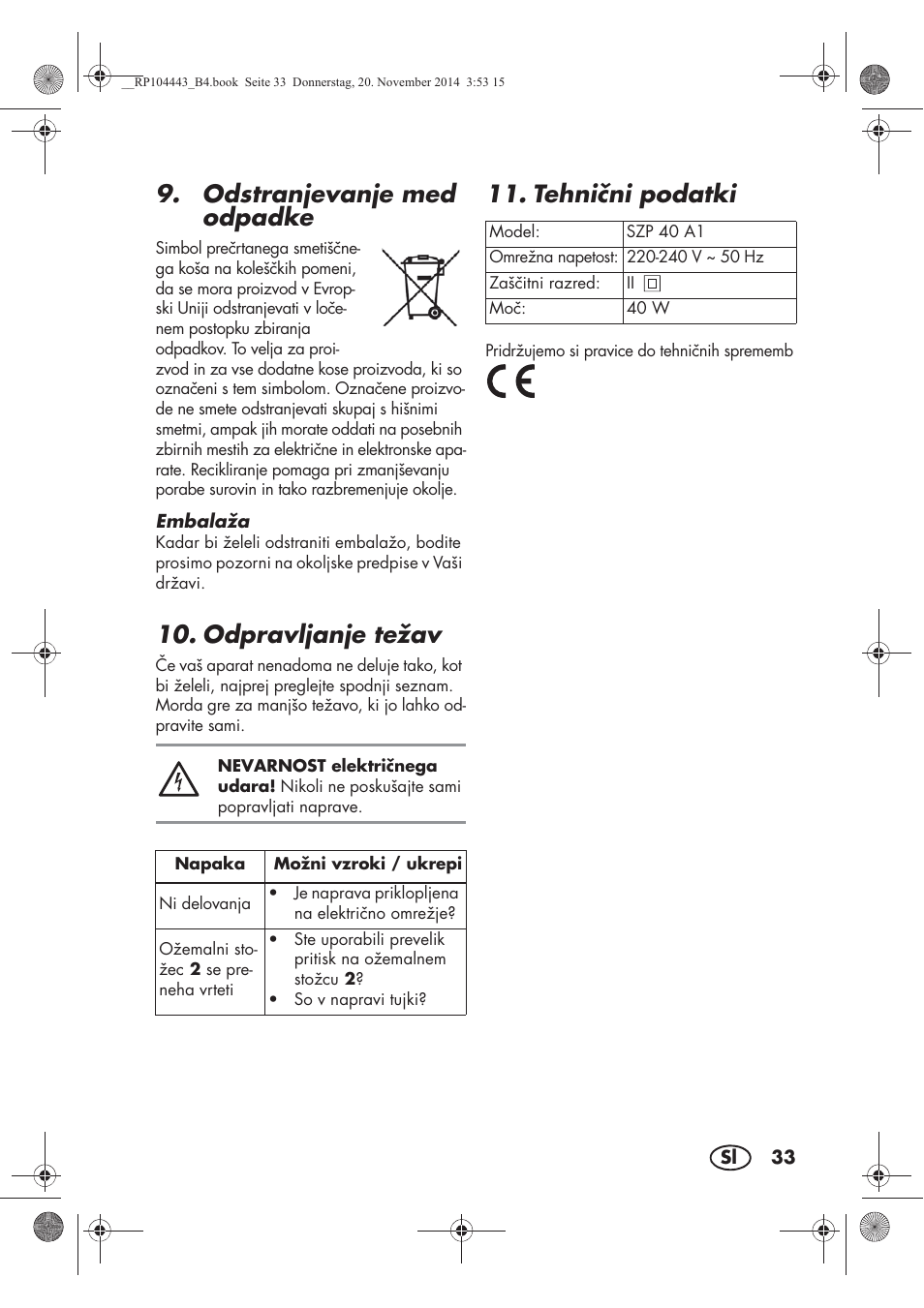 Odstranjevanje med odpadke, Odpravljanje težav, Tehnini podatki | Silvercrest SZP 40 A1 User Manual | Page 35 / 62