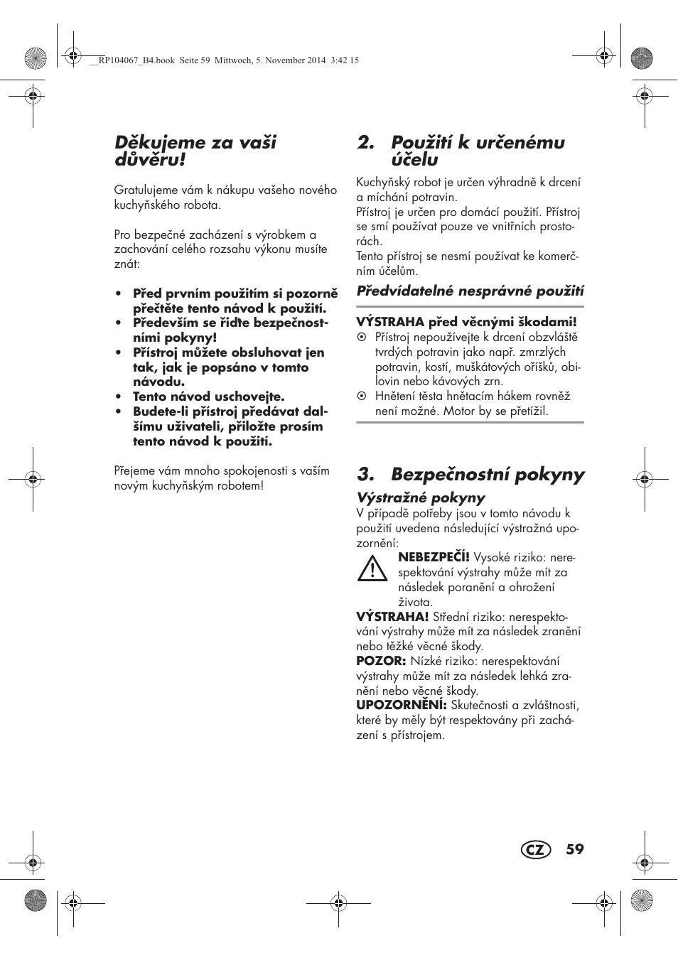 Dkujeme za vaši dvru, Použití k urenému úelu, Bezpenostní pokyny | Silvercrest SKM 350 A1 User Manual | Page 61 / 102
