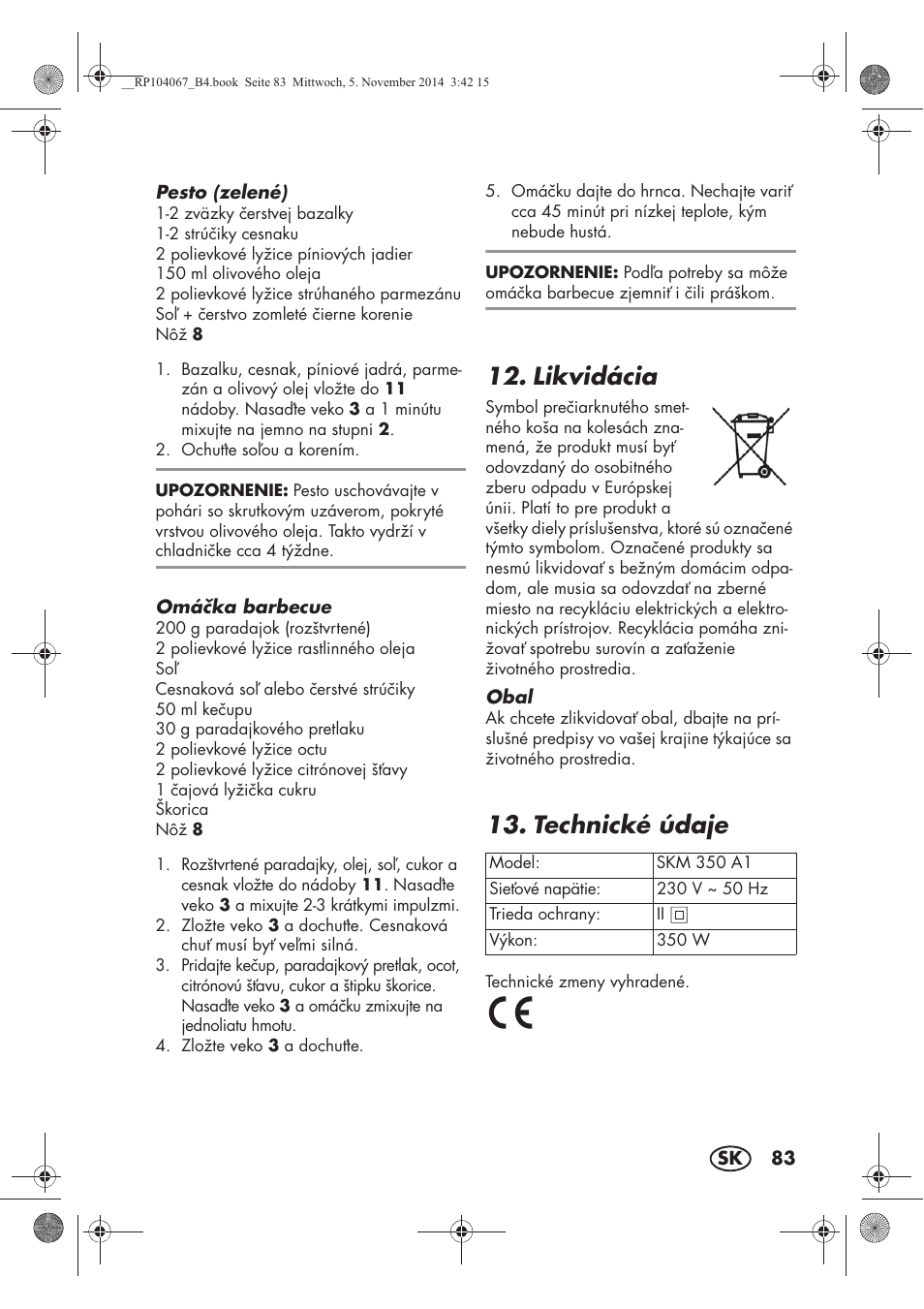 Likvidácia, Technické údaje | Silvercrest SKM 350 A1 User Manual | Page 85 / 102