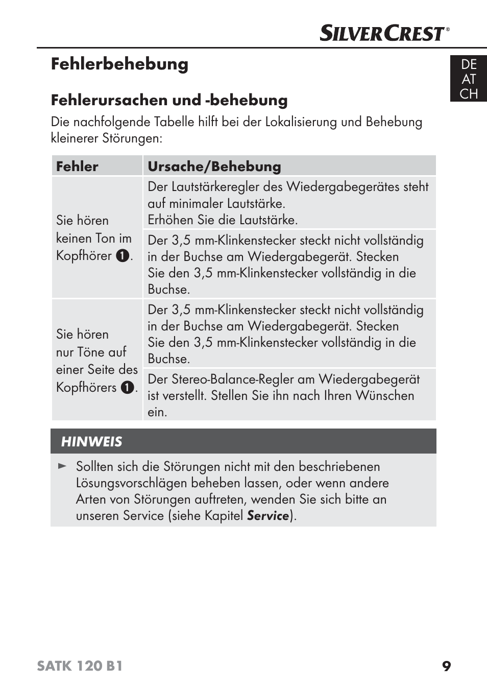 Fehlerbehebung | Silvercrest SATK 120 B1 User Manual | Page 12 / 60