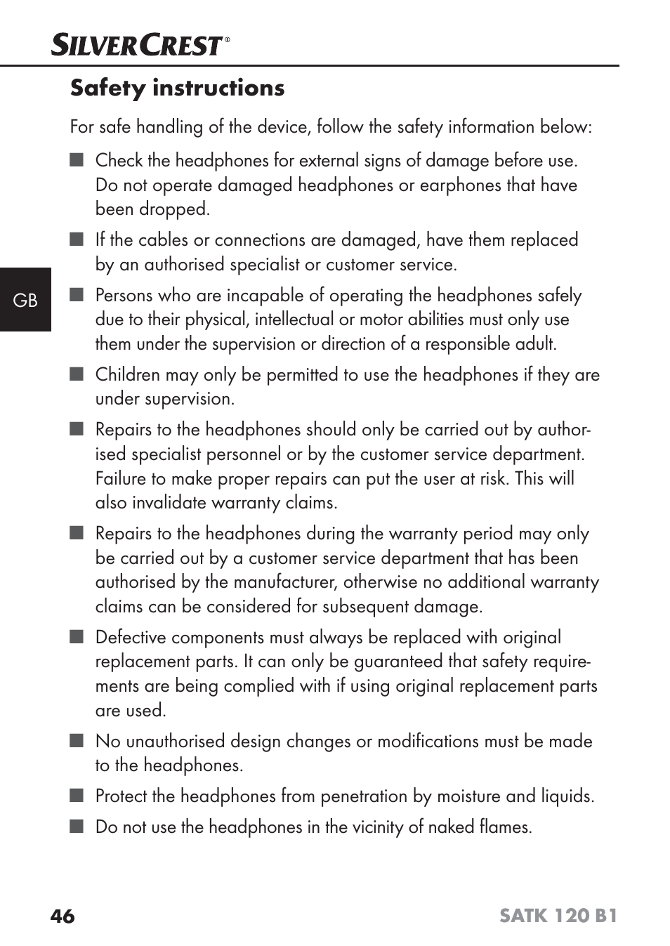 Safety instructions | Silvercrest SATK 120 B1 User Manual | Page 49 / 60