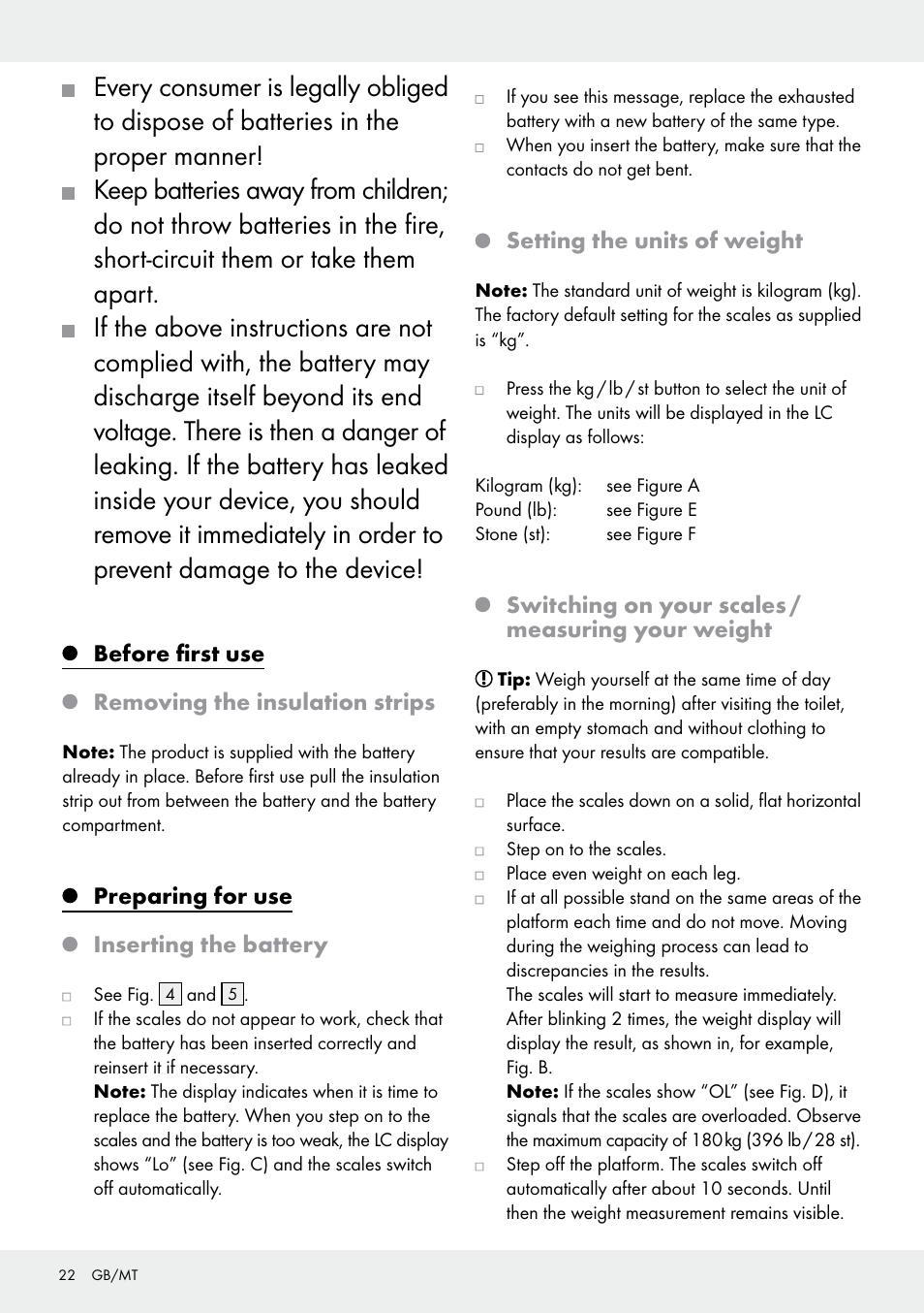 Before first use, Removing the insulation strips, Preparing for use | Inserting the battery, Setting the units of weight, Switching on your scales / measuring your weight | Silvercrest 109650-14-01/109650-14-02 User Manual | Page 22 / 30