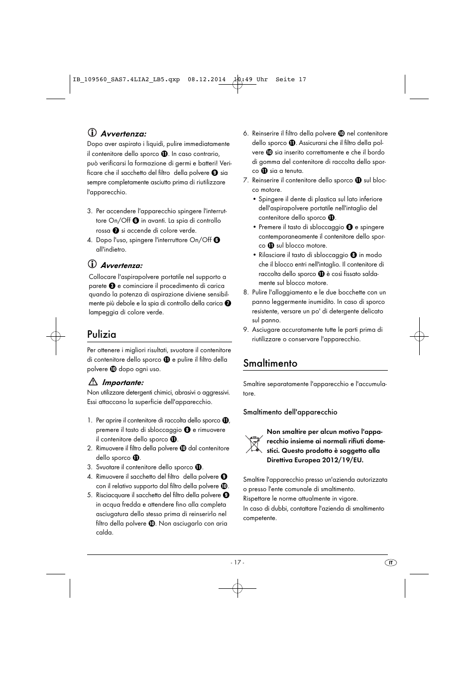 Pulizia, Smaltimento, Avvertenza | Importante | Silvercrest ASPIRADOR DE MANO CON BATERÍA DE IONES DE LITIO MINI ASPIRAPOLVERE/LIQUIDI RICARICABILE SAS 7.4 LI A2 User Manual | Page 20 / 51
