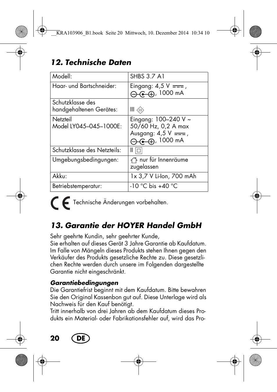 Technische daten, Garantie der hoyerhandelgmbh | Silvercrest SHBS 3.7 A1 User Manual | Page 22 / 96