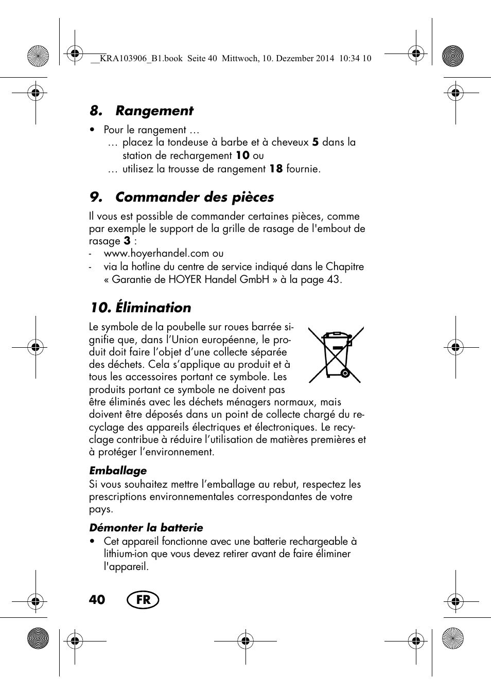 Rangement, Commander des pièces, Élimination | Silvercrest SHBS 3.7 A1 User Manual | Page 42 / 96