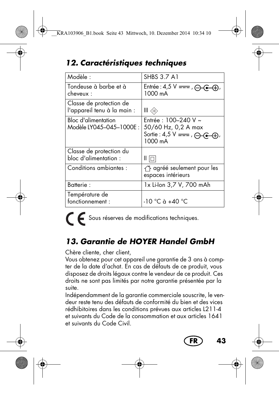 Caractéristiques techniques, Garantie de hoyer handel gmbh | Silvercrest SHBS 3.7 A1 User Manual | Page 45 / 96