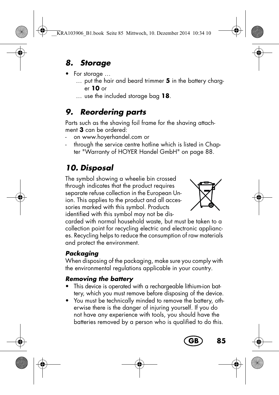 Storage, Reordering parts, Disposal | Silvercrest SHBS 3.7 A1 User Manual | Page 87 / 96