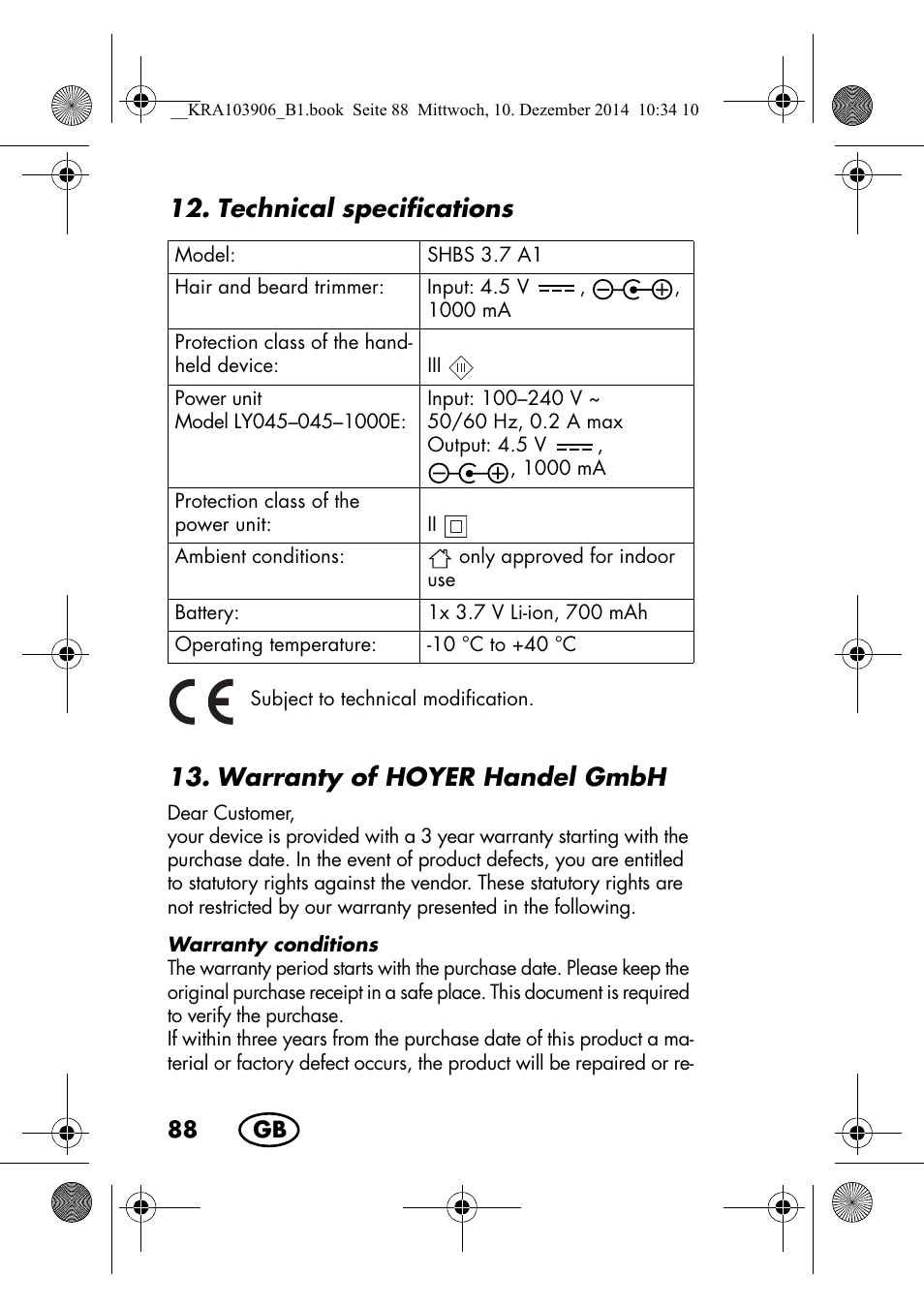 Technical specifications, Warranty of hoyer handel gmbh | Silvercrest SHBS 3.7 A1 User Manual | Page 90 / 96