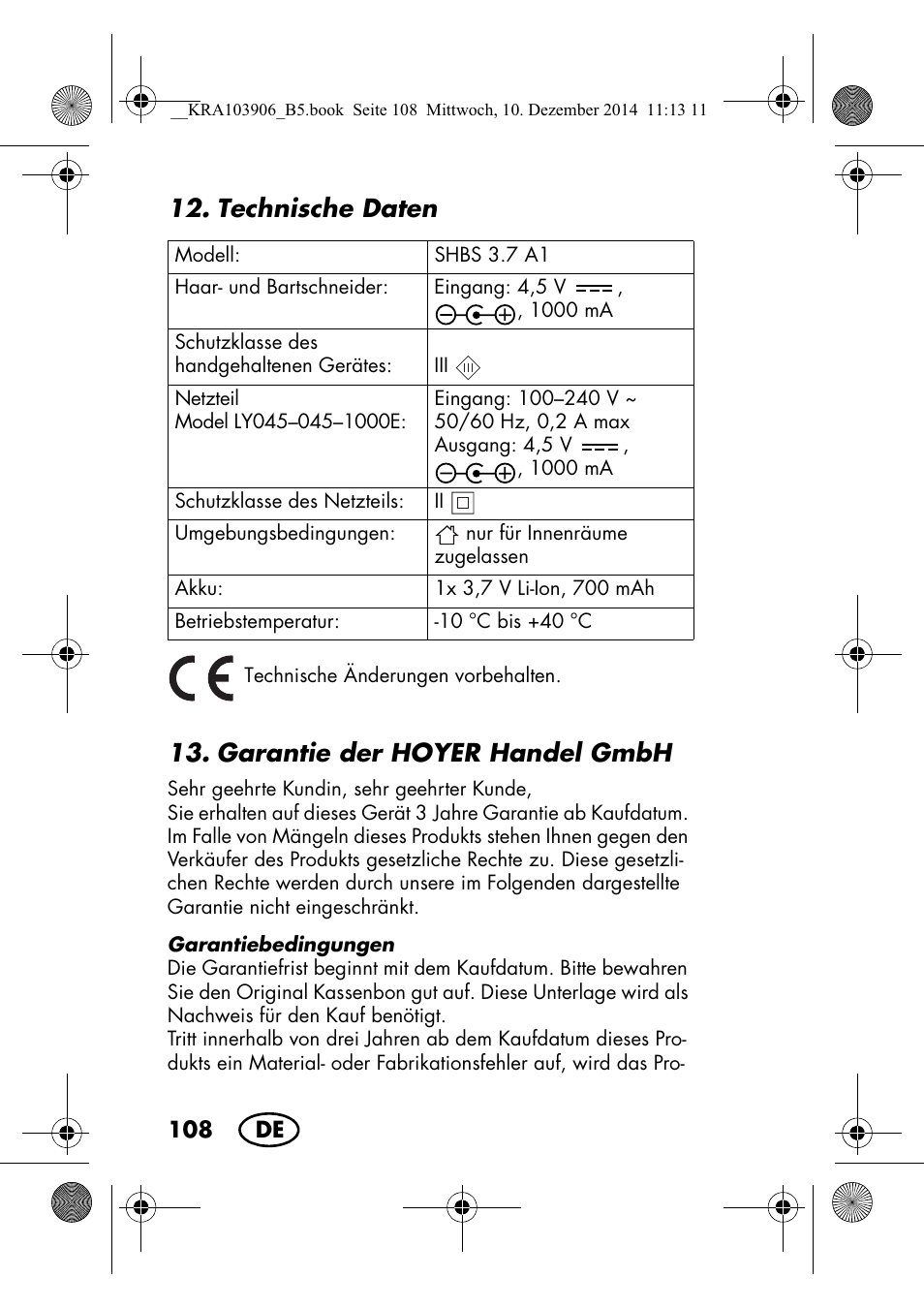 Technische daten, Garantie der hoyerhandelgmbh | Silvercrest SHBS 3.7 A1 User Manual | Page 110 / 116