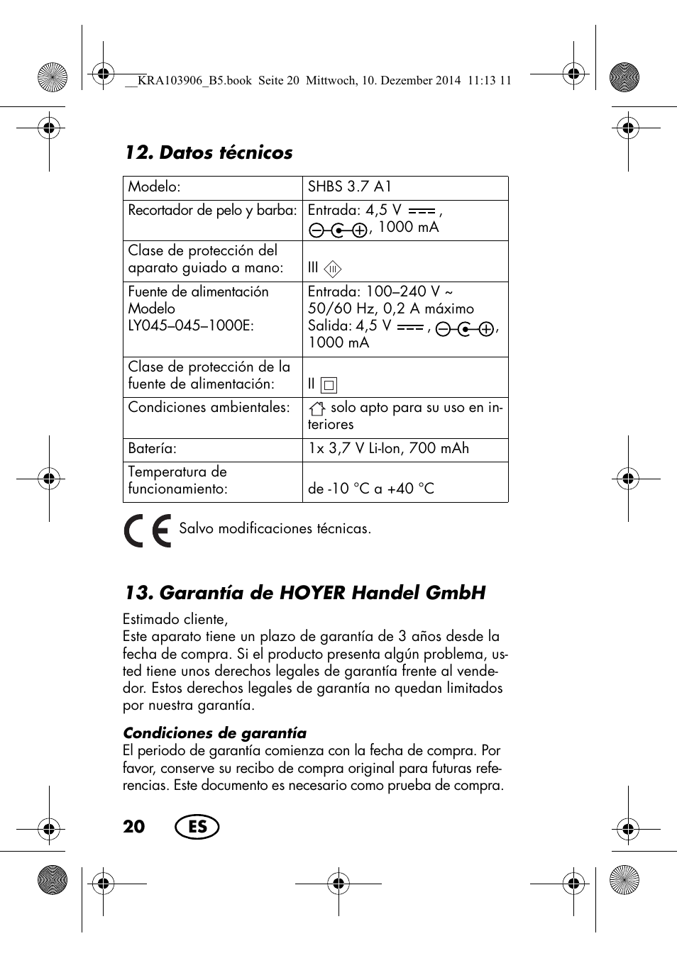 Datos técnicos, Garantía de hoyer handel gmbh | Silvercrest SHBS 3.7 A1 User Manual | Page 22 / 116