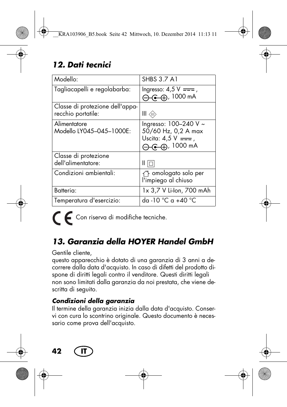 Dati tecnici, Garanzia della hoyer handelgmbh | Silvercrest SHBS 3.7 A1 User Manual | Page 44 / 116