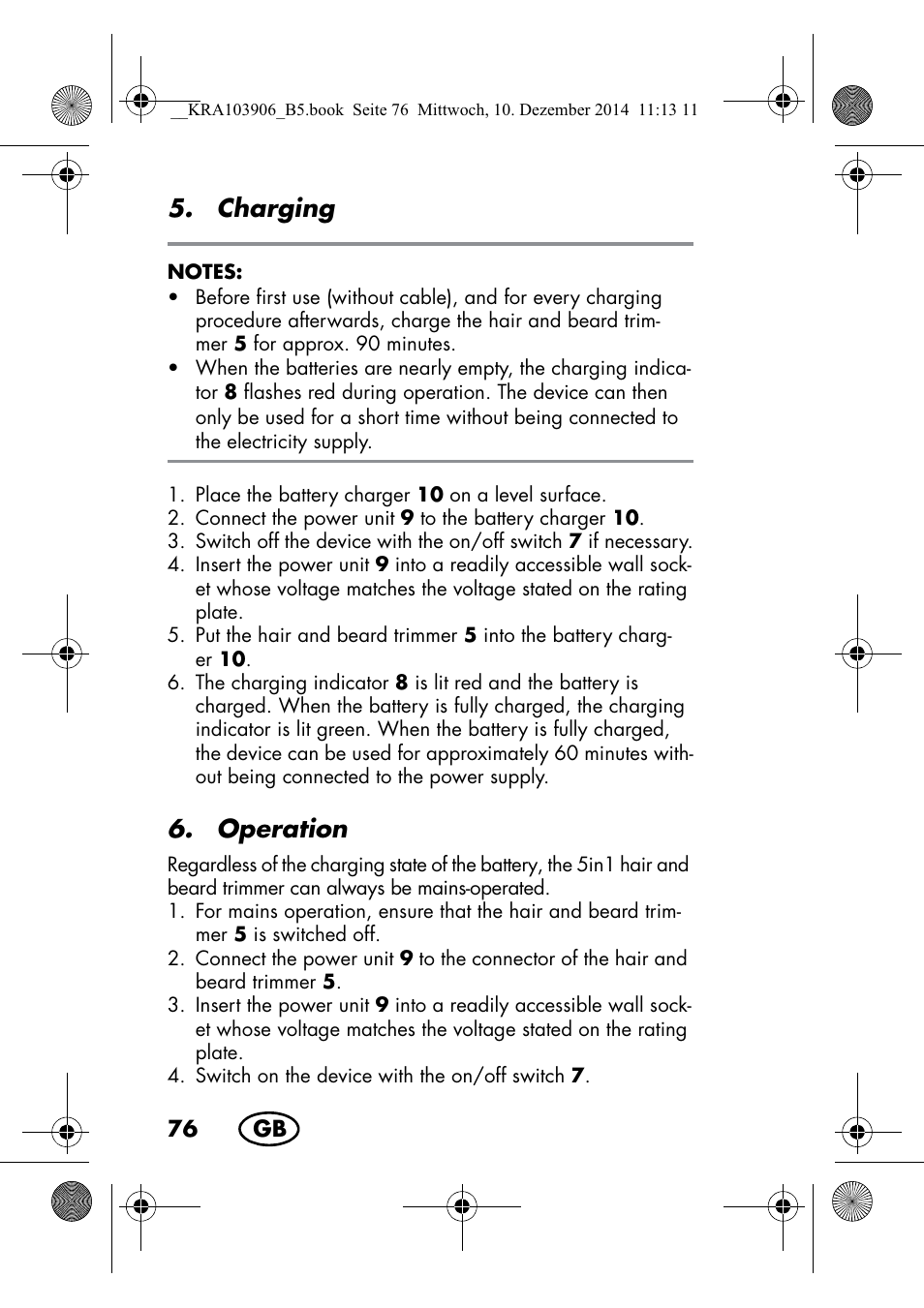 Charging, Operation | Silvercrest SHBS 3.7 A1 User Manual | Page 78 / 116