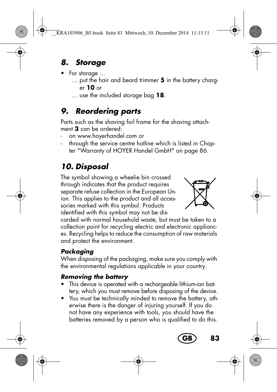 Storage, Reordering parts, Disposal | Silvercrest SHBS 3.7 A1 User Manual | Page 85 / 116