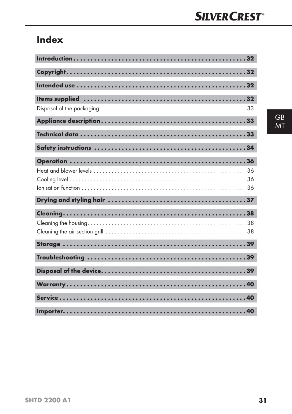 Index, Gb mt | Silvercrest SHTD 2200 A1 User Manual | Page 34 / 54