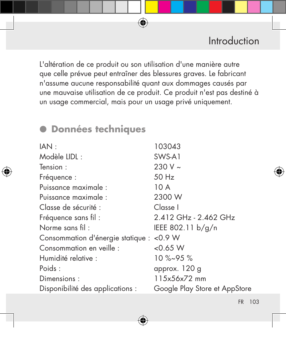 Introduction, Données techniques | Silvercrest SWS-A1 User Manual | Page 103 / 190