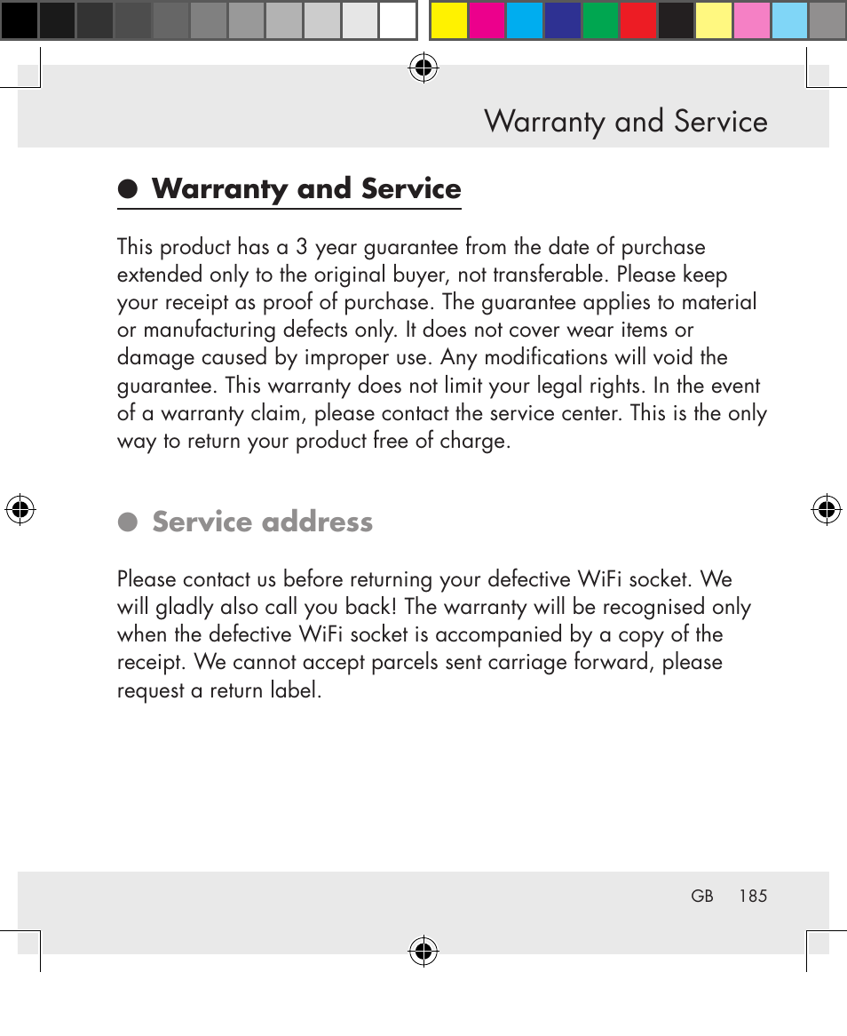 Warranty and service, Service address | Silvercrest SWS-A1 User Manual | Page 185 / 190