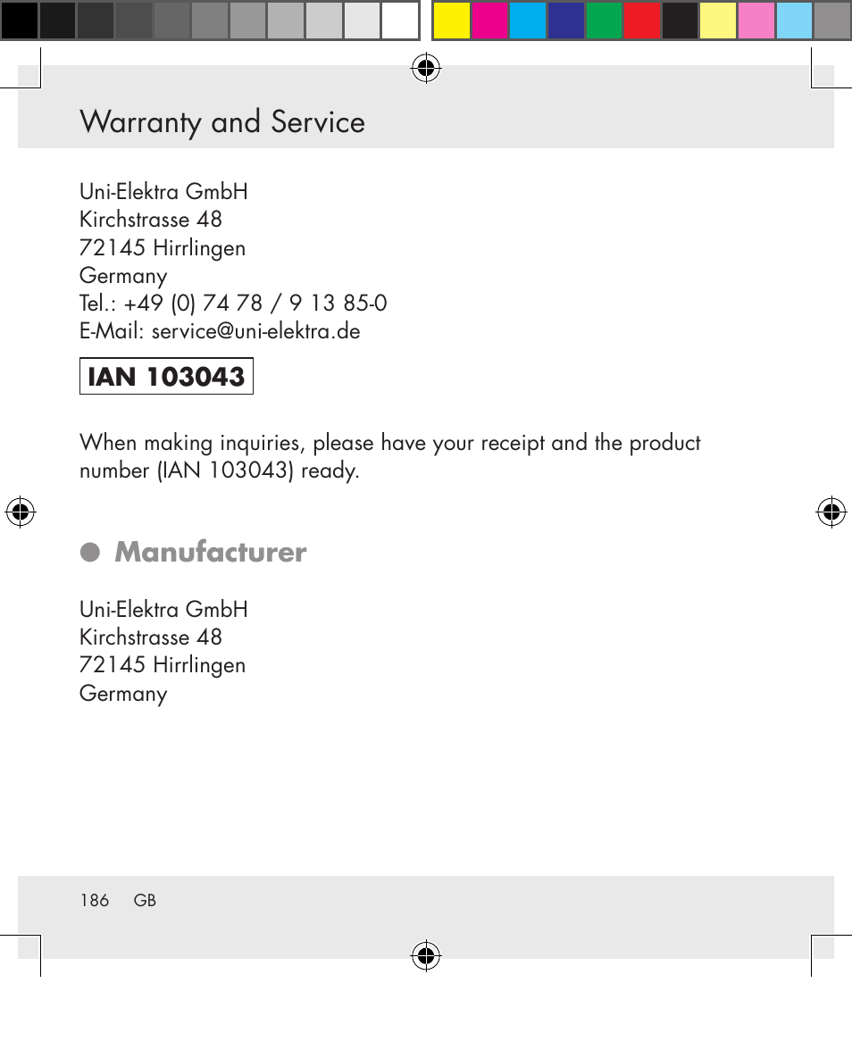 Warranty and service, Manufacturer | Silvercrest SWS-A1 User Manual | Page 186 / 190