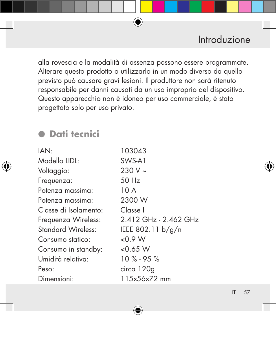 Introduzione, Dati tecnici | Silvercrest SWS-A1 User Manual | Page 57 / 190