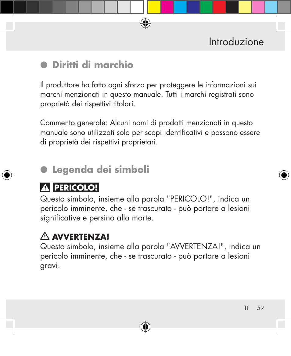 Introduzione, Diritti di marchio, Legenda dei simboli | Silvercrest SWS-A1 User Manual | Page 59 / 190