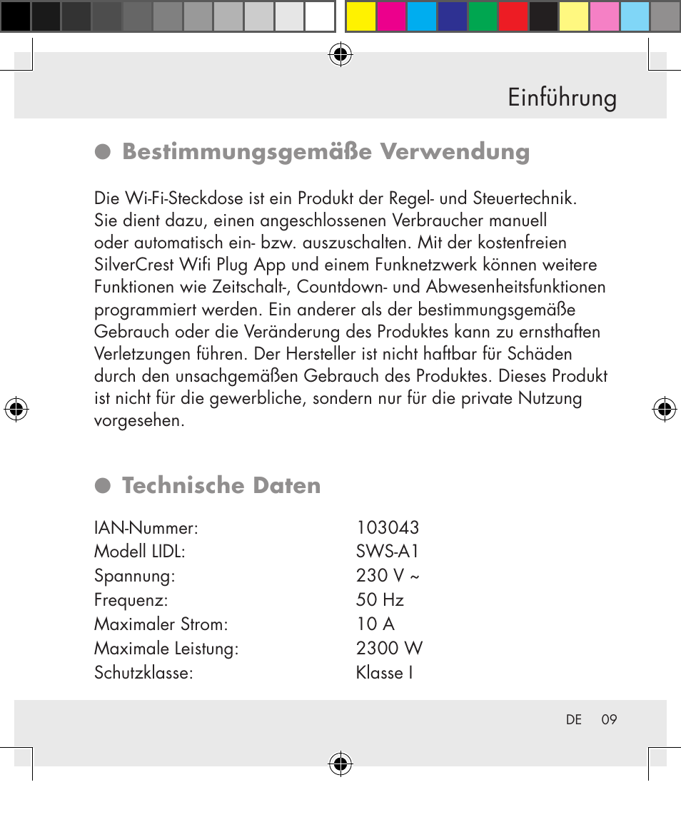 Einführung, Bestimmungsgemäße verwendung, Technische daten | Silvercrest SWS-A1 User Manual | Page 9 / 190