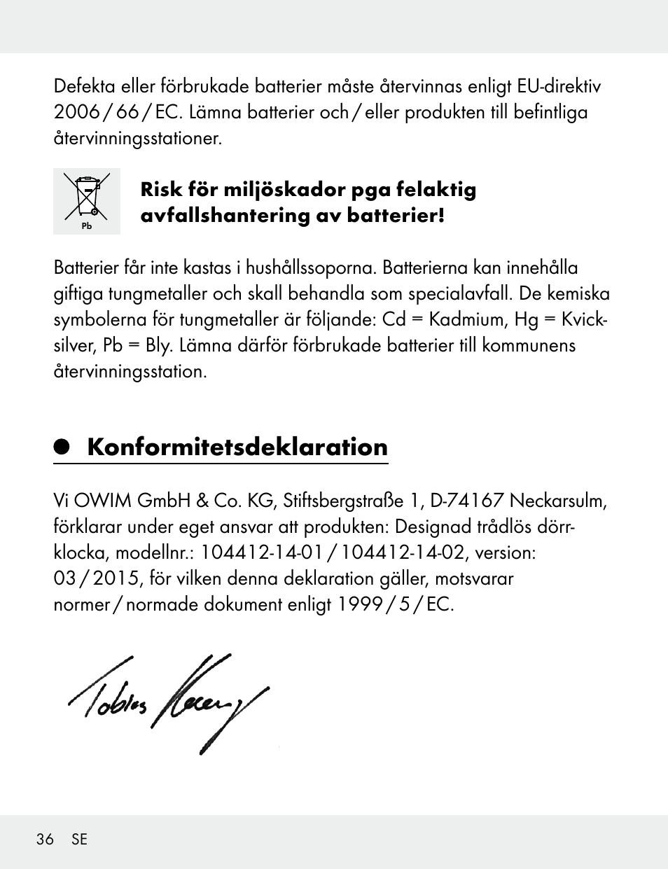Konformitetsdeklaration | Silvercrest 104412-14-01/104412-14-02 User Manual | Page 36 / 97