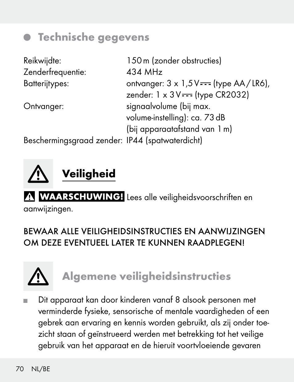 Technische gegevens, Veiligheid, Algemene veiligheidsinstructies | Silvercrest 104412-14-01/104412-14-02 User Manual | Page 70 / 97
