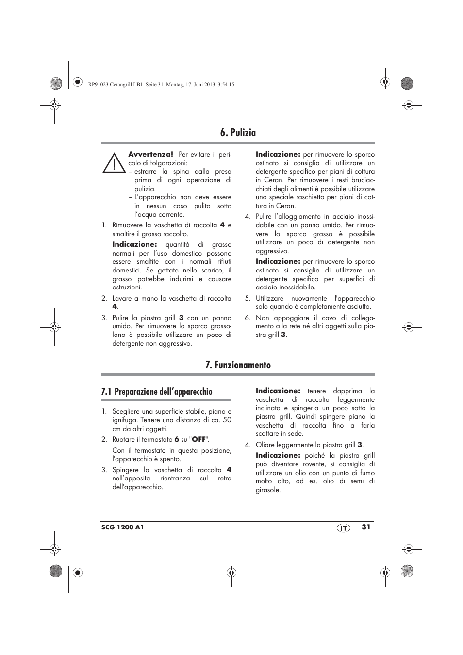 Pulizia, Funzionamento, 1 preparazione dell’apparecchio | Silvercrest SCG 1200 A1 User Manual | Page 33 / 58