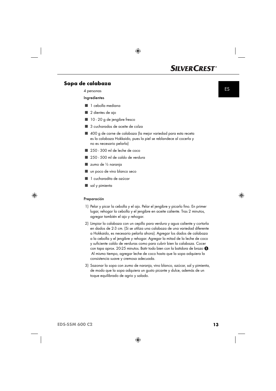 Sopa de calabaza | Silvercrest SSM 600 C2 User Manual | Page 16 / 81