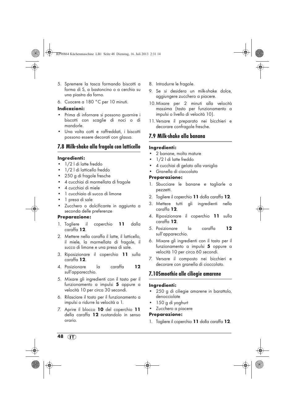 8 milk-shake alla fragola con latticello, 9 milk-shake alla banana, 10smoothie alle ciliegie amarene | Silvercrest SKMP 1200 A1 User Manual | Page 50 / 86
