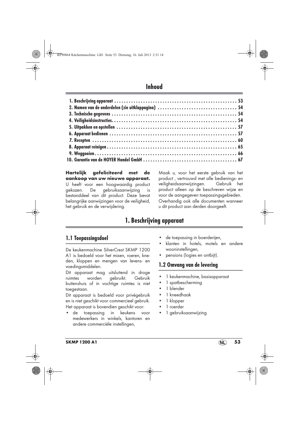 Inhoud, Beschrijving apparaat | Silvercrest SKMP 1200 A1 User Manual | Page 55 / 86