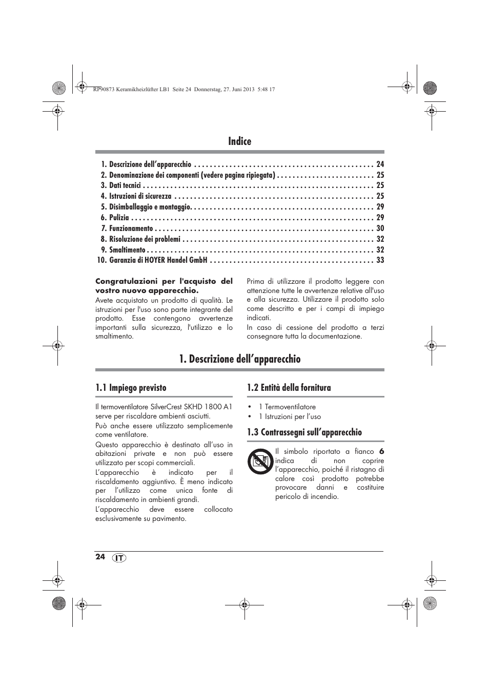 Indice, Descrizione dell’apparecchio | Silvercrest SKHD 1800 A1 User Manual | Page 26 / 58