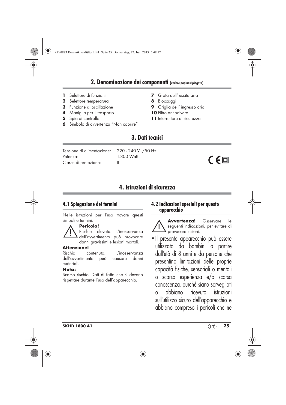 Denominazione dei componenti, Dati tecnici, Istruzioni di sicurezza | Silvercrest SKHD 1800 A1 User Manual | Page 27 / 58