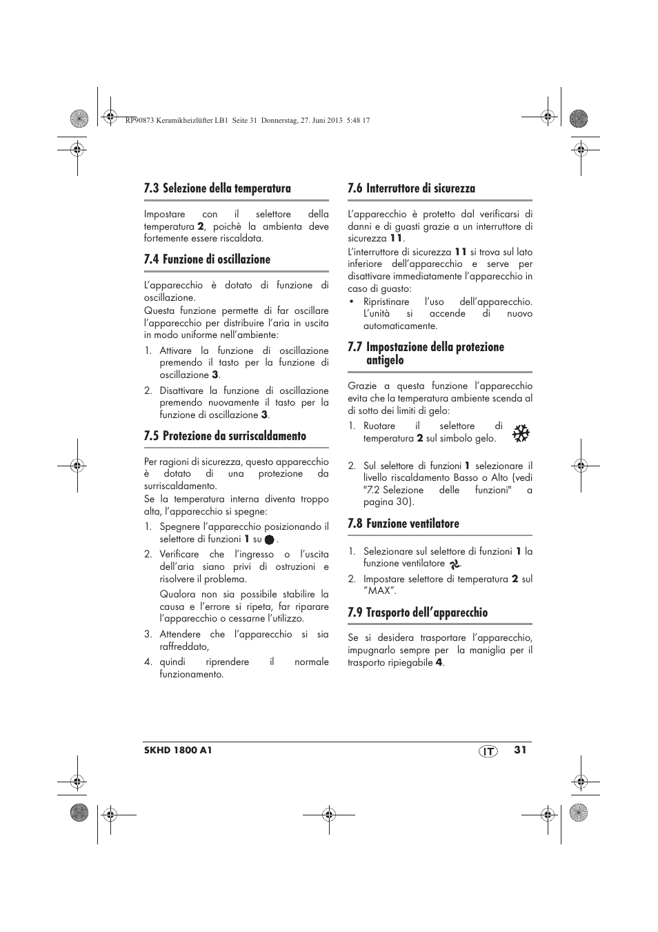 3 selezione della temperatura, 4 funzione di oscillazione, 5 protezione da surriscaldamento | 6 interruttore di sicurezza, 7 impostazione della protezione antigelo, 8 funzione ventilatore, 9 trasporto dell’apparecchio | Silvercrest SKHD 1800 A1 User Manual | Page 33 / 58