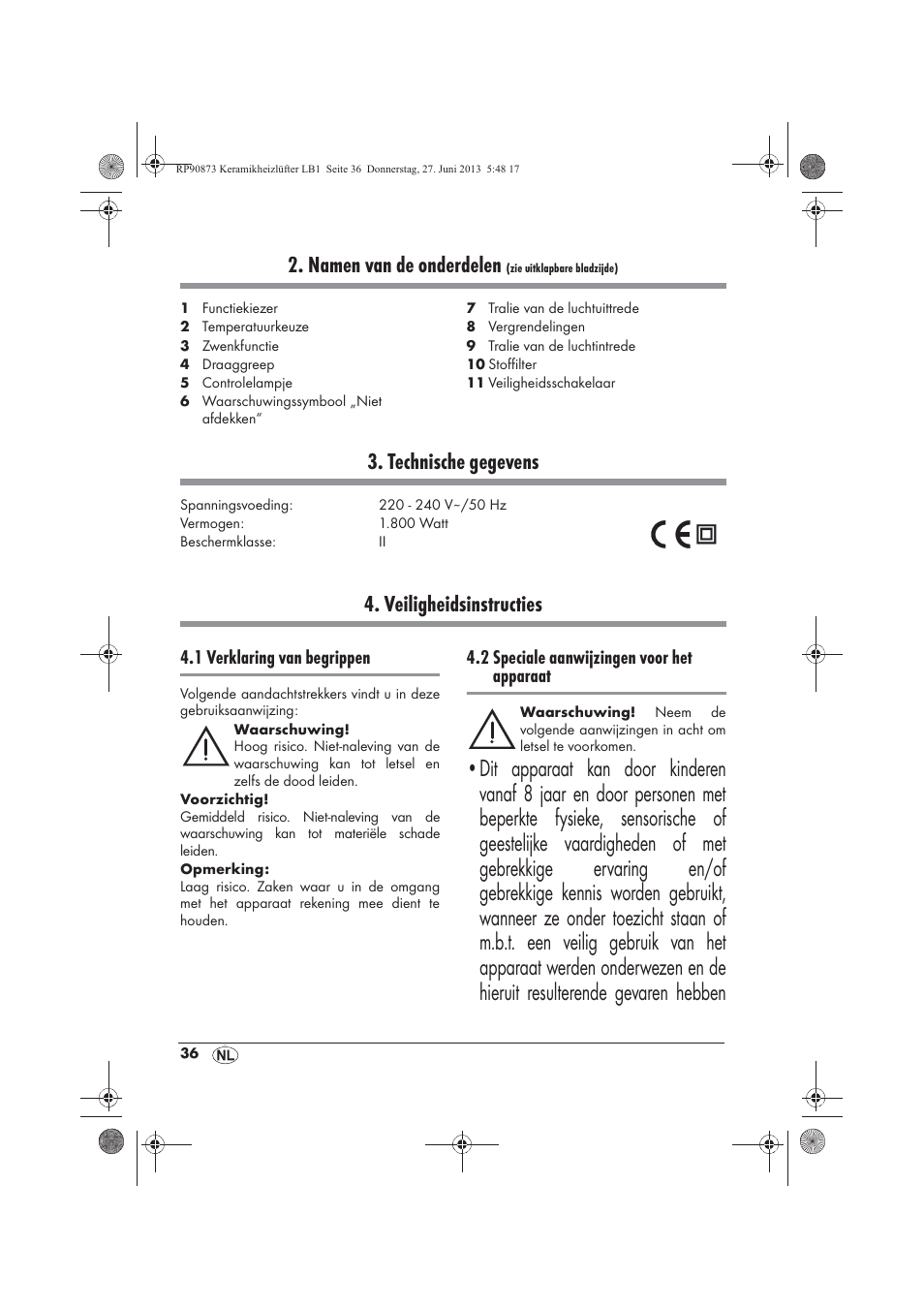 Namen van de onderdelen, Technische gegevens, Veiligheidsinstructies | Silvercrest SKHD 1800 A1 User Manual | Page 38 / 58
