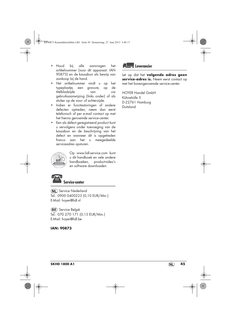 Service-center, Leverancier | Silvercrest SKHD 1800 A1 User Manual | Page 47 / 58