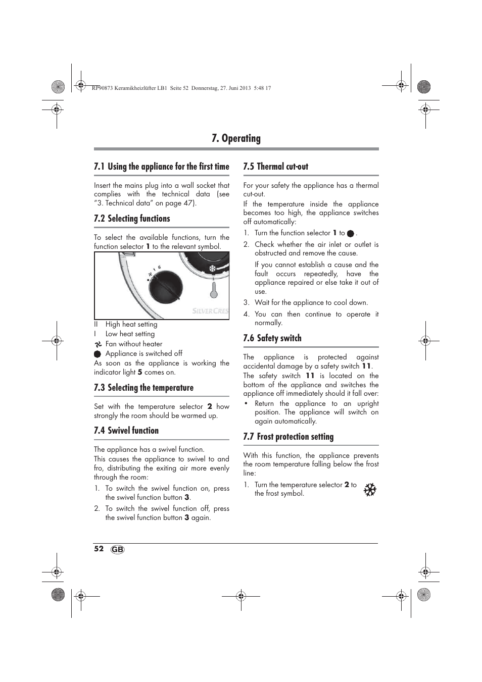 Operating, 1 using the appliance for the first time, 2 selecting functions | 3 selecting the temperature, 4 swivel function, 5 thermal cut-out, 6 safety switch, 7 frost protection setting | Silvercrest SKHD 1800 A1 User Manual | Page 54 / 58