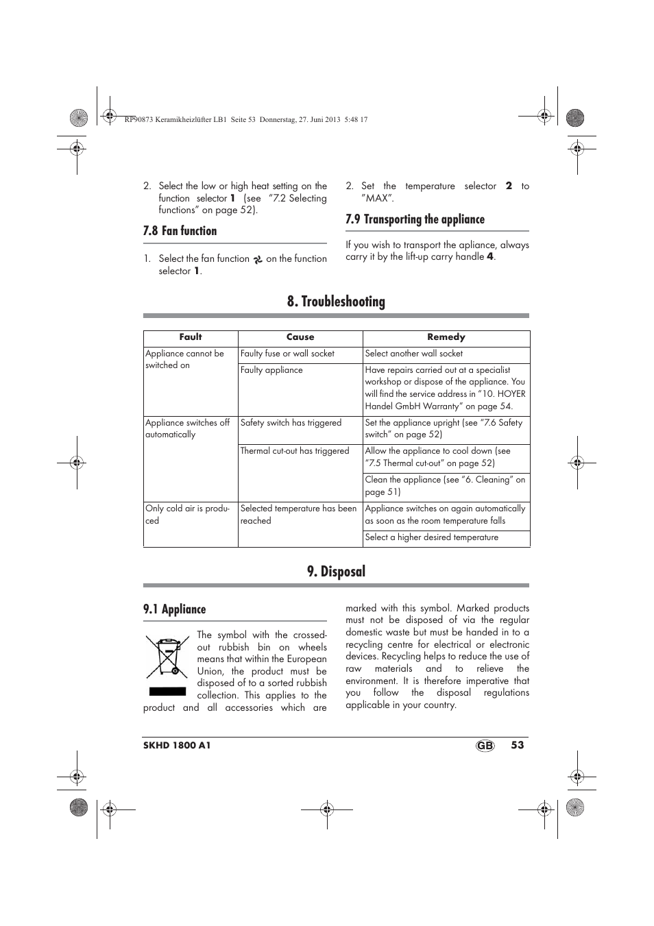 Troubleshooting 9. disposal, 8 fan function, 9 transporting the appliance | 1 appliance | Silvercrest SKHD 1800 A1 User Manual | Page 55 / 58